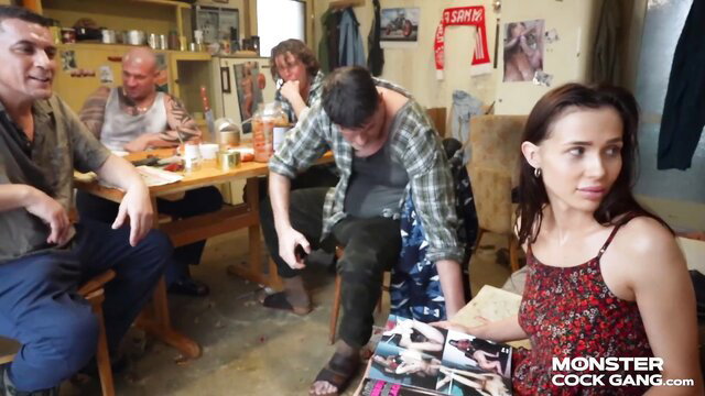 Petite stepdaughter in red dress shared by big rod mates gangbang