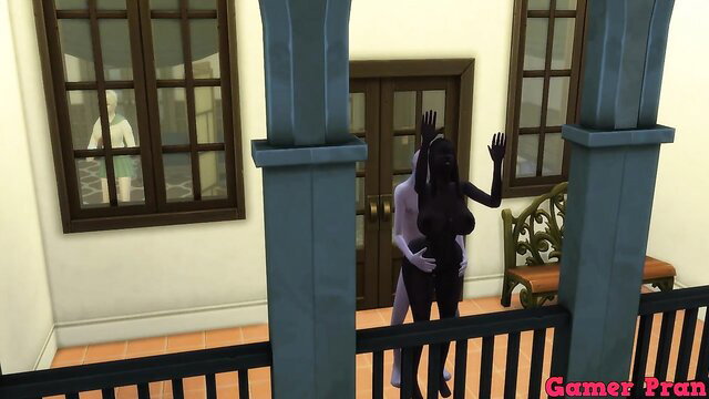 Sims 4 hentai porn: black latex MILF gropes nude hunk on balcony threesome tease