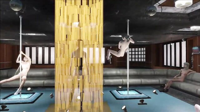 Nude anime girls pole dancing in Fallout 4 style sexy brunette panty show