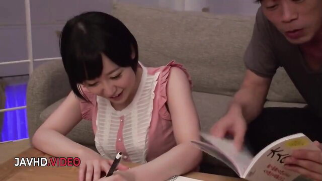 Yu Shinoda in pink dress writing homework, JAV milf tease