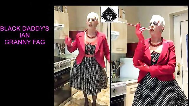 Granny Ian in red dress and stockings as black daddy's fag