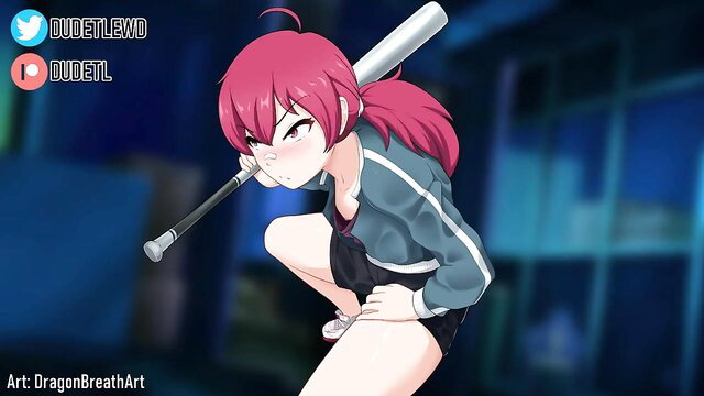 Dudetlewd pink-haired anime bully girl in tracksuit with bat, seductive glare