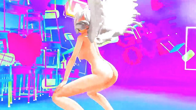 Nude anime girl with white hair squats showing huge ass in vibrant MMD scene