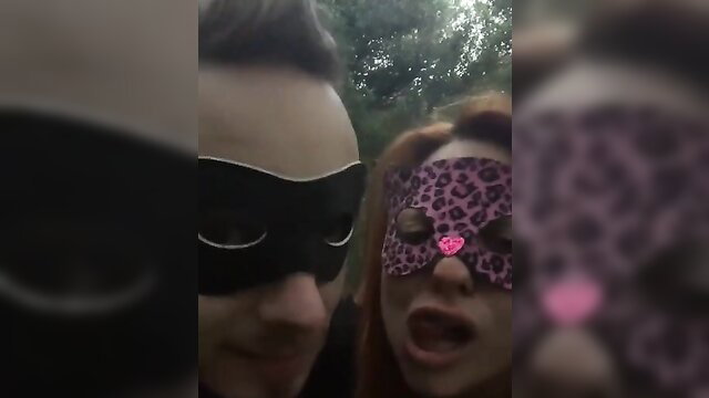 Masked couple in woods: man POV, redhead woman leopard mask blowjob tease