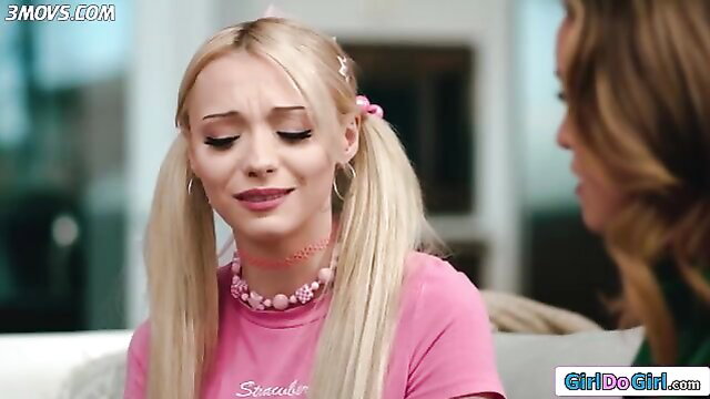 Blonde teen in pigtails with stepmom, sad face, spanking fisting thumbnail