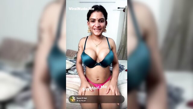 Viral Malayali Resmi Nair sexy live in teal bra, big tits tease