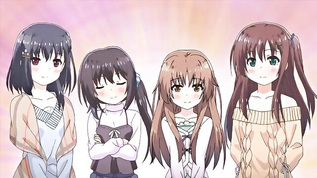 Four cute anime girls in sweaters smiling cutely, hentai Onii-chan style