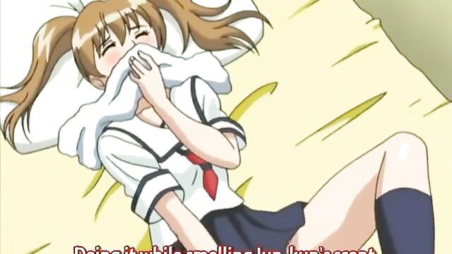 Blushing anime schoolgirl in sailor uniform lying on bed, covering mouth shyly