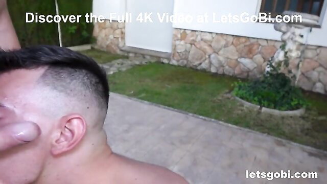 Man with shaved head caught nude outdoors by holiday friends