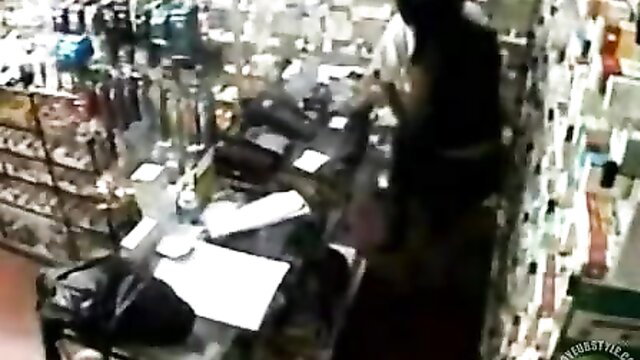 Naughty brunette customer pays with pussy on store counter