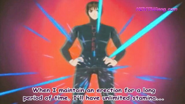 Hentai guy in black bodysuit with blue energy beams boasts unlimited stamina erection