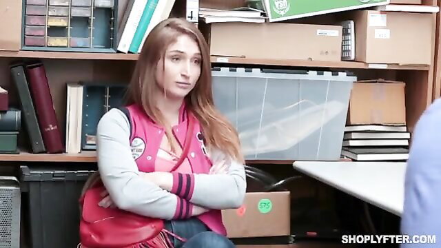 Skylar Snow in varsity jacket at shoplifter interrogation
