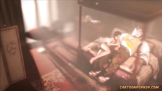 Hentai compilation threesome with black-haired babe in yellow lingerie on bed