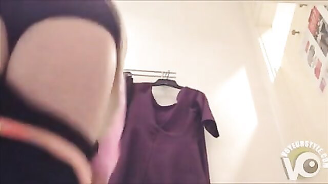 Chubby woman POV ass view trying on dress in changing room