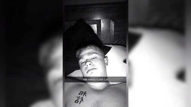 Young twink sleeping shirtless with 'We Need Fucked LOL' Snapchat text