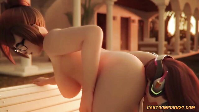 Big ass Asian Overwatch girl with glasses bent over, pussy fucked deeply