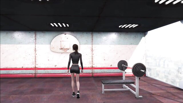 Cute brunette in sexy Fallout 4 gym outfit at sports club hentai anime