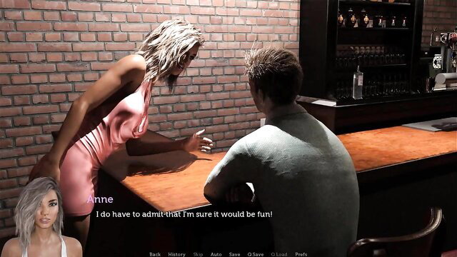 Blonde in tight pink dress flirts with man at bar on steamy Dominican vacation