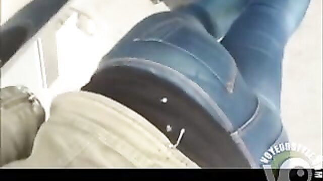 Closeup of woman's big denim ass in public, perfect for cumshot