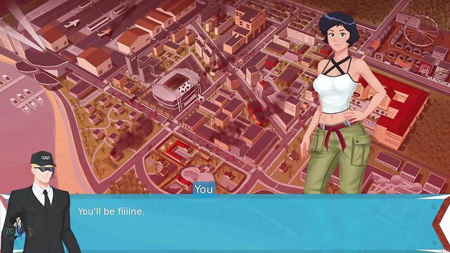 Tall curvy brunette in crop top and cargo pants with suited man in Totally Spies anime city scene