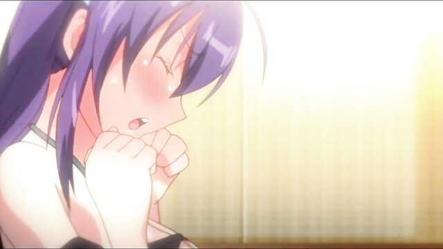 Blushing purple-haired anime hentai girl with teary eyes, aroused expression