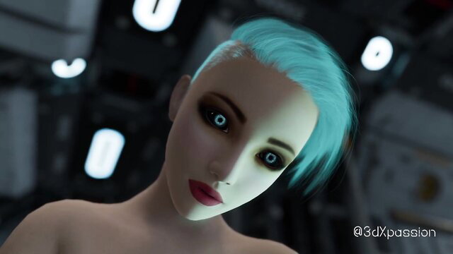 Pale female android with teal mohawk in sci-fi corridor, nude tits out