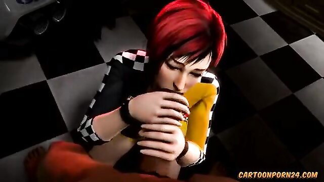 Redhead anime ninja girl in checkered racing suit gives blowjob closeup