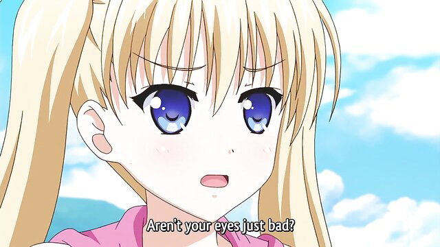 Blonde anime girl with blue eyes pouts in pink top, hentai tease