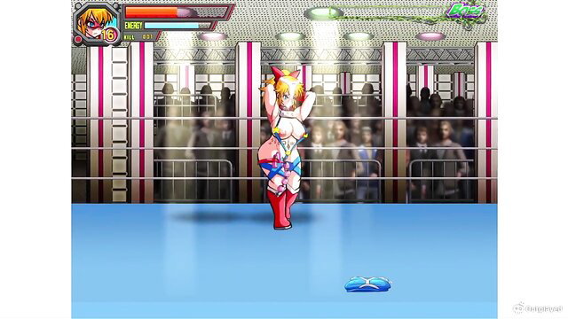 Busty anime girl in skimpy bikini wrestling outfit dances on ring