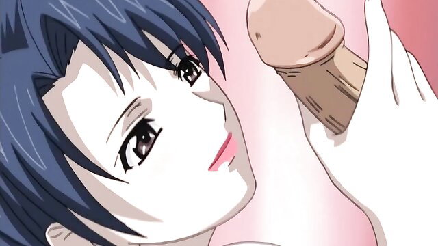 Anime girl with short blue hair holding thick cock close-up