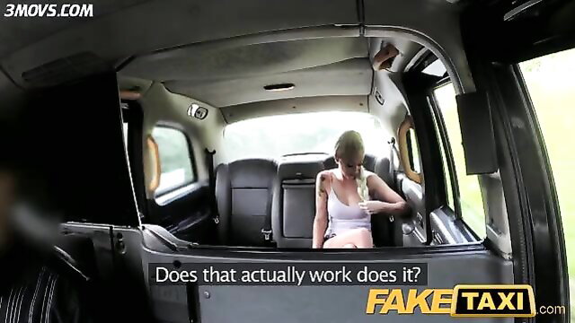 Blonde in taxi backseat offers sex for free ride in Fake Taxi