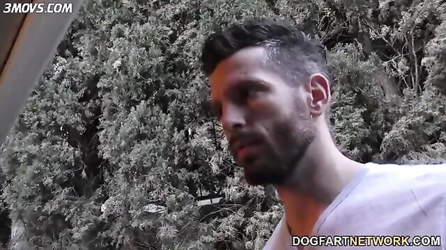 Handsome bearded Latino man in white shirt from Dogfart interracial gangbang with Lily Rader