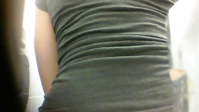 Ebony babe's tight gray dress back view, secret toilet filming