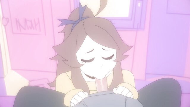 Anime milf with brown ponytail gives sloppy blowjob closeup