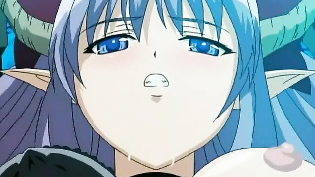 Blue-haired demon elf girl ahegao face in hentai gangbang by villagers
