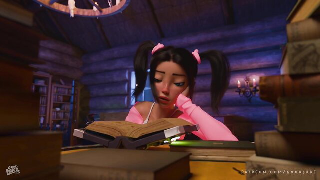 Asian beauty in pink lingerie and arm warmers reads magic book in library