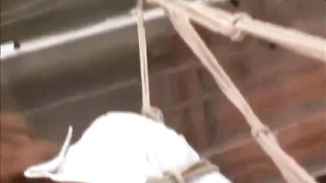 Extreme Asian babe suspended in ropes, white lingerie toy masturbation