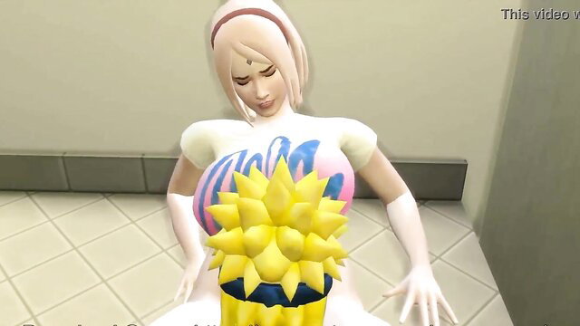 Blonde Hinata Haruno with massive tits straddling giant yellow dildo cosplay