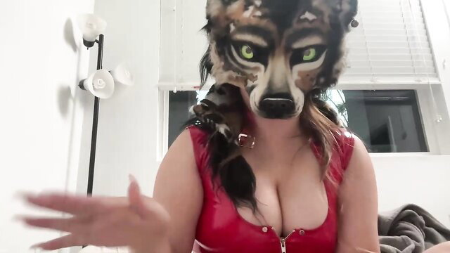Cinnanicos in wolf furry mask, red latex top, big tits tease