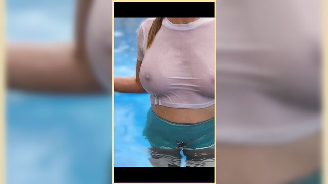 Wifey wet see-thru shirt pool braless perfect tits tease
