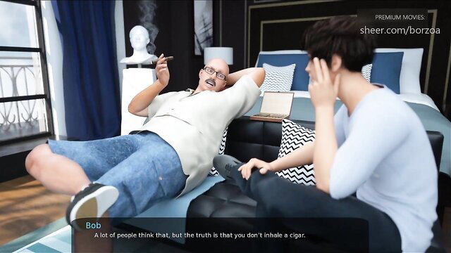 Two men chatting on couch in 3D animated porn thumbnail