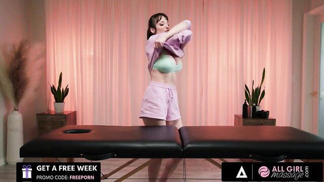 Leana Lovings strips pink top in sexy lingerie at massage table