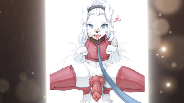 White fluffy anthro bunny girl tugging thick red cock with leash