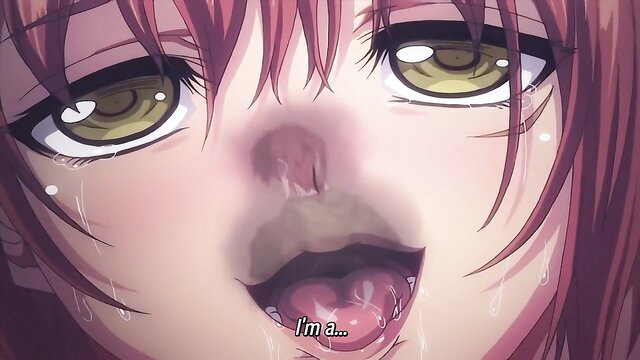 Redhead anime girl with cum on face, drooling tongue out, teary eyes closeup