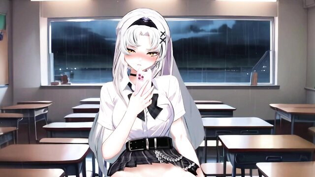 Cute white-haired schoolgirl vtuber nun selfie after class NSFW hentai