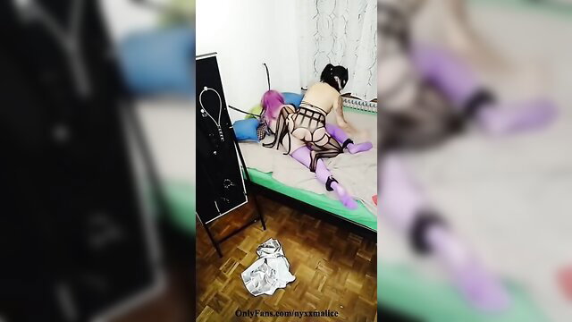 MissNyxx pegs chained sissy slave in lingerie after work