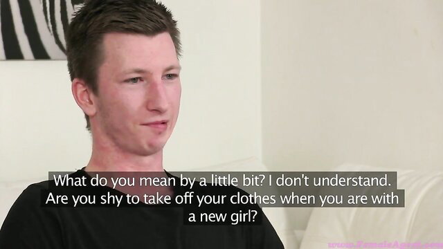 Shy guy explains undressing nerves to hot brunette in fake casting