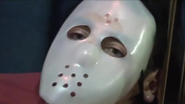 Candy Cat in Jason hockey mask giving endearing blowjob