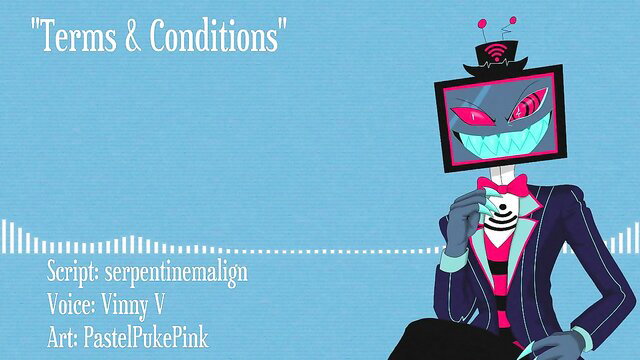 Vox Hazbin Hotel demon in suit, screen head smirking seductively