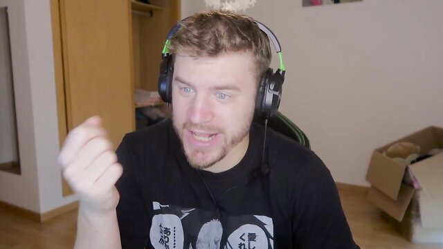 Excited white guy with beard and headset hypes Bulma cosplay slut action